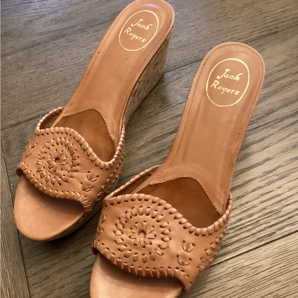 Jack Rogers Tan Leather Thompson Wedge Slides Size 9